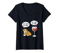Femme She Loves me More Chien et vin Rouge T-Shirt avec Col en V
