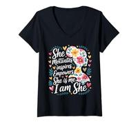 Femme She Motivates Inspires Empowers She is Me I Am She - T-Shirt avec Col en V