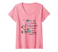 Femme She Works Willingly with Her Hands for Pink Nurse Girlfriend T-Shirt avec Col en V