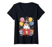 Femme Sheltie 11e anniversaire enfants 11 ans onze Shetland Sheepdog T-Shirt avec Col en V