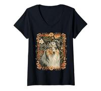 Femme Sheltie Bleue Merle Style Floral William Morris T-Shirt avec Col en V