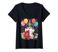 Femme Sheltie Dog 4e anniversaire enfants 4 ans quatre Shetland Sheepdog T-Shirt avec Col en V