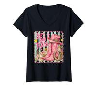 Femme She's from Texas Bottes de Cowboy Roses à Rayures T-Shirt avec Col en V