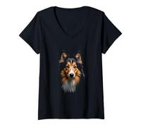 Femme Shetland Sheepdog Sheltie Face Noir T-Shirt avec Col en V