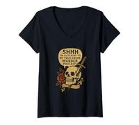 Femme Shhh I’m Listening to True Crime Podcasts Distressed Design T-Shirt avec Col en V