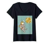 Femme Shiba Inu Astronaute Balle de Tennis rétro pour Chien T-Shirt avec Col en V