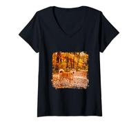 Femme Shiba Inu Autumn Forest Trail Warm Fall Leaves Scène T-Shirt avec Col en V
