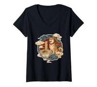 Femme Shiba Inu Chien Mangeant Ramen T-Shirt avec Col en V