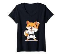 Femme Shiba Inu dessiné en Tenue de karaté avec Ceinture Noire T-Shirt avec Col en V