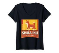 Femme Shiba Inu Dog Dad Fun Coloré Rétro T-Shirt avec Col en V