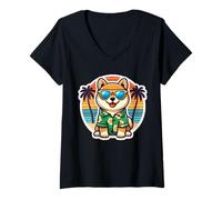 Femme Shiba Inu Propriétaire de chien Summer Vibes Vacation Tropical Holiday T-Shirt avec Col en V