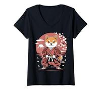 Femme Shiba Inu Samurai Japon Cherry Blossom Warrior T-Shirt avec Col en V