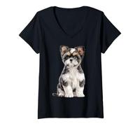 Femme Shih Tzu Chiot Croquis Dessin Art Amoureux des Chiens T-Shirt avec Col en V