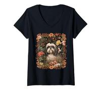 Femme Shih Tzu dans Un Jardin de Style William Morris T-Shirt avec Col en V