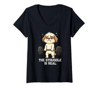 Femme Shih Tzu Deadlift Gym Rat Struggle est Une Vraie Lutte pour Maman et Papa T-Shirt avec Col en V