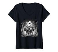 Femme Shih Tzu Hanté par Ghost Funny Halloween T-Shirt avec Col en V