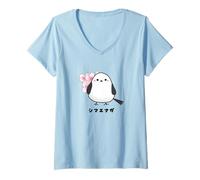 Femme Shima Enaga Oiseau de cerisier en fleurs Japon Hokkaido Fée des neiges T-Shirt avec Col en V