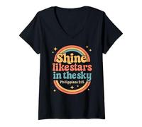 Femme Shine Like Stars Philippians 2:15 Art biblique rétro chrétien T-Shirt avec Col en V