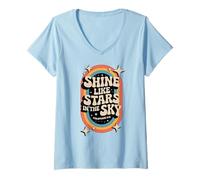 Femme Shine Like Stars Philippians 2:15 Bible chrétienne rétro des années 70 T-Shirt avec Col en V