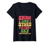 Femme Shine Like Stars Philippians 2:15 Rétro Bible Verse Citation T-Shirt avec Col en V