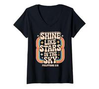 Femme Shine Like Stars Philippians 2:15 Retro Christian Rainbow T-Shirt avec Col en V