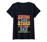 Femme Shine Like Stars Philippians 2:15 Rétro Vintage Christian T-Shirt avec Col en V