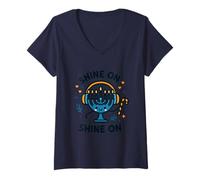 Femme Shine on Menorah Joli Motif de Vacances Hanoukka T-Shirt avec Col en V