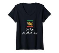 Femme Shir o Khorshid Iran Ro Pas Migirim Drapeau Persan Lion et Soleil T-Shirt avec Col en V