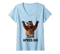 Femme Shirt Équipe Après-Ski Ours Brun - Ski Groupe Hiver T-Shirt avec Col en V