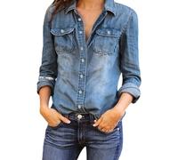 Femme Shirts Chemise Boutonnée en Denim Veste Mince Décontractée à Manches Longues Et Col en V avec Poche Et Coupe Ajustée