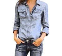 Femme Shirts Chemise Boutonnée en Denim Veste Mince Décontractée à Manches Longues Et Col en V avec Poche Et Coupe Ajustée