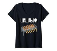 Femme Shish Kebab Barbecue Brochettes Russes Barbecue Russie T-Shirt avec Col en V