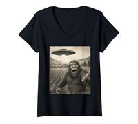 Femme Shocked Bigfoot Alien Enduction Drôle UFO Encounter Vintage T-Shirt avec Col en V