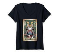 Femme Shogun Cat Guerrier Armure Samouraï Autorité Japonaise Look T-Shirt avec Col en V