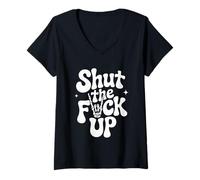 Femme Shut The Fuck Up Skull et Ambiance rétro T-Shirt avec Col en V