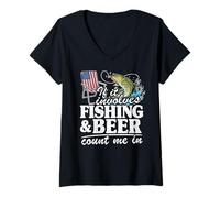 Femme Si cela implique de la pêche et de la bière Count Me In US Flag Fishing T-Shirt avec Col en V