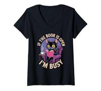Femme Si Le Livre est Ouvert, Je lis des Livres Chat. T-Shirt avec Col en V
