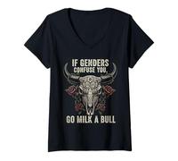 Femme Si les genres vous embrouillent, allez à Milk a Bull Funny Meme Vintage T-Shirt avec Col en V