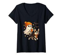 Femme Siberian Husky Halloween Ghost Walking Husky Dog T-Shirt avec Col en V