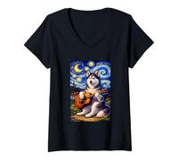 Femme Siberian Husky Playing Guitar Whimsical Art Music Camping T-Shirt avec Col en V
