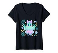 Femme Signe de la Paix fantôme Kawaii avec Bonbons et Paillettes Pastel T-Shirt avec Col en V