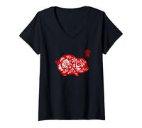Femme Signe de l'année du Cochon/Calligraphie du Zodiaque Chinois T-Shirt avec Col en V