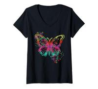 Femme Signe de Paix de Papillon Hippie rétro 60S 70s Tie Dye T-Shirt avec Col en V