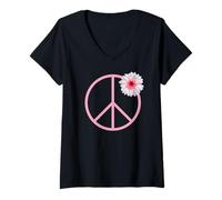Femme Signe de Paix Rose avec Une Belle Fleur T-Shirt avec Col en V