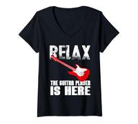 Femme Signe drôle de Relaxation The Guitar Player is Here for Guitarists T-Shirt avec Col en V