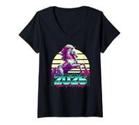 Femme Signe du Zodiaque Chinois rétro Année du Cheval 2026 années 80 T-Shirt avec Col en V