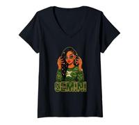 Femme Signe du Zodiaque Gémeaux Reine Gémeaux Loc'd Afro Girl T-Shirt avec Col en V
