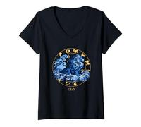 Femme Signe du Zodiaque Lion Astrologie Horoscope Constellation Céleste T-Shirt avec Col en V