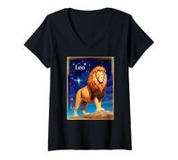 Femme Signe du zodiaque Lion sous un ciel étoilé T-Shirt avec Col en V