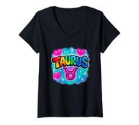 Femme Signe du zodiaque Taureau Aérographe Rétro Horoscope Design T-Shirt avec Col en V